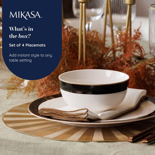4pc Mikasa Round PU Gold Glimmer Dinning Table Placemat Set 38cm - Picture 8 of 8
