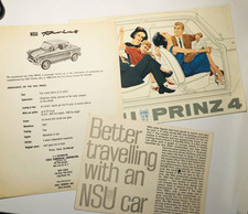 3 NSU PRINZ Car Sales Brochures 1959-Prinz, 1962 Prinz 4, 1964 Sport, Spider