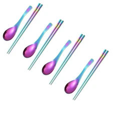 Chinese Metal Soup Spoons and Chopsticks Set for 4 People, Reusable Stainless...