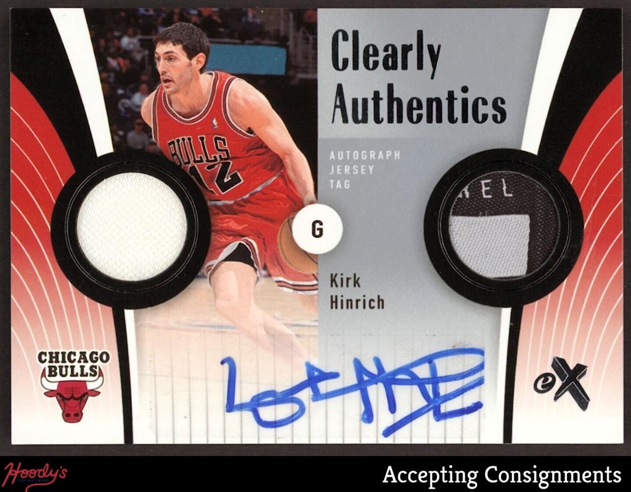2006-07 E-X Clearly Authentics Kirk Hinrich DUAL GAME USED TAG PATCH AUTO 01/10 view 1