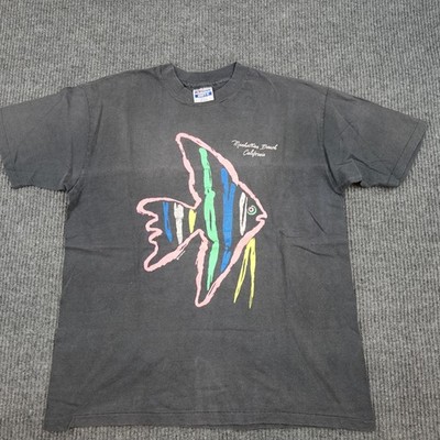 Vintage Faded 80s Shirt Mens XL Gray Manhattan Beach Fish Single Stitch