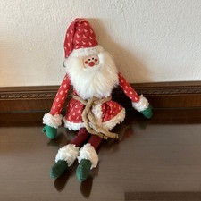 Vintage Primitive Santa Claus Plush Doll Christmas Tree Print Rope Belt 14 Inch