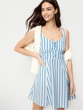 Old Navy Blue White Striped Babydoll Cotton Fit Flare Sun Dress Pockets Sp