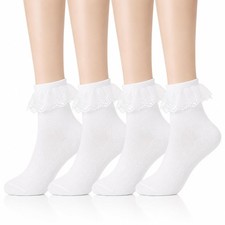 DOPENSPI 2 Pairs Lace Ruffle Socks Turn-Cuff Double Crew Lace Cotton Frilly