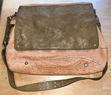 Olivia Harris Pebbled Leather Large Olive Tan Military Messenger Bag Purse-vguc!