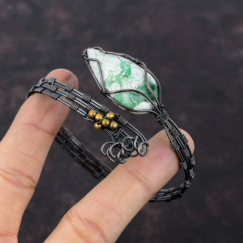 Brazalete ajustable envuelto en alambre de cobre joyería de piedras preciosas de variscita para niñas Foto 4 de 4