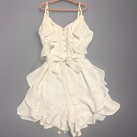 Blakely Ruffled Mesh Overlay Romper Women S Ivory Adjustable Straps One Piece