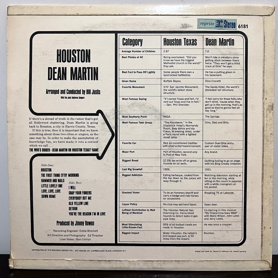 DEAN MARTIN - Houston (1965 UK Pressing) - 12" Vinyl Record LP - VG — 第 2/3 张图片