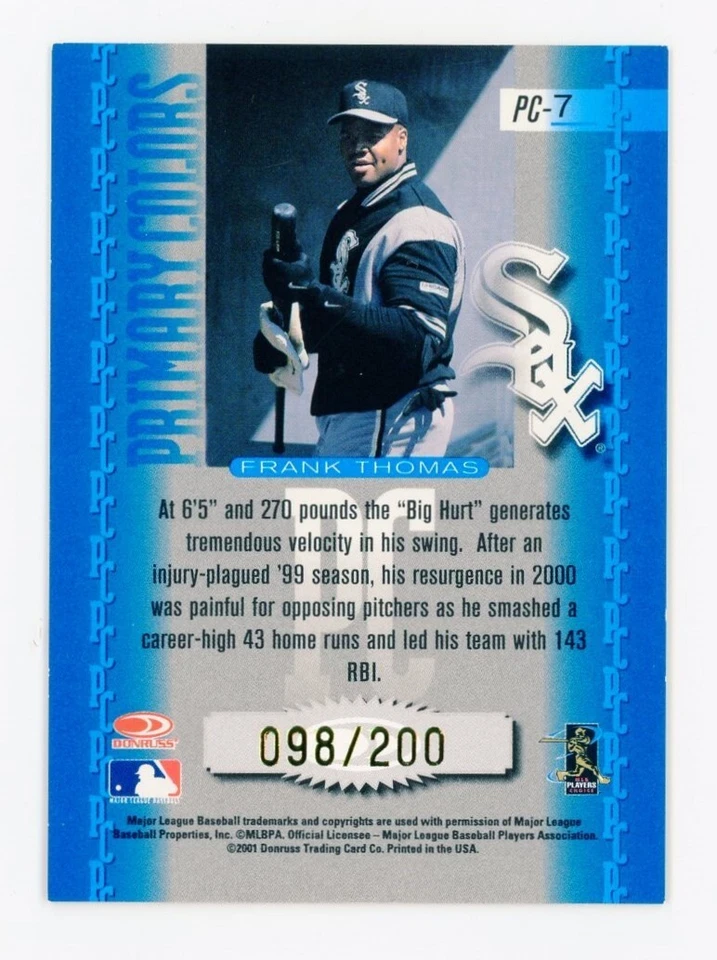 2001 Donruss Elite Primary Colors Blue FRANK THOMAS /200 - Image 2 of 2