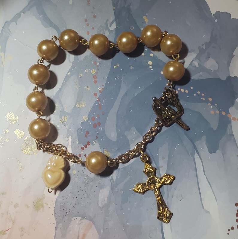 Goldtone Rosary Bracelet With Sacred Heart & Crucifix 10" Handmade