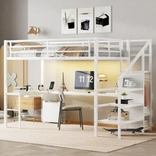 Twin XL Size Loft Bed with L-shaped Desk and USB, Metal Loft Bed with Wardrobe