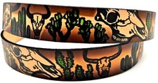 CATTLE SKULL WESTERN RODEO EMBOSSED GENUINE COWHIDE LEATHER BELT USA MADE