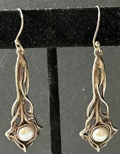Vintage Silver Gray Pearl 925 Isreal Dangle Earrings 2 Inches