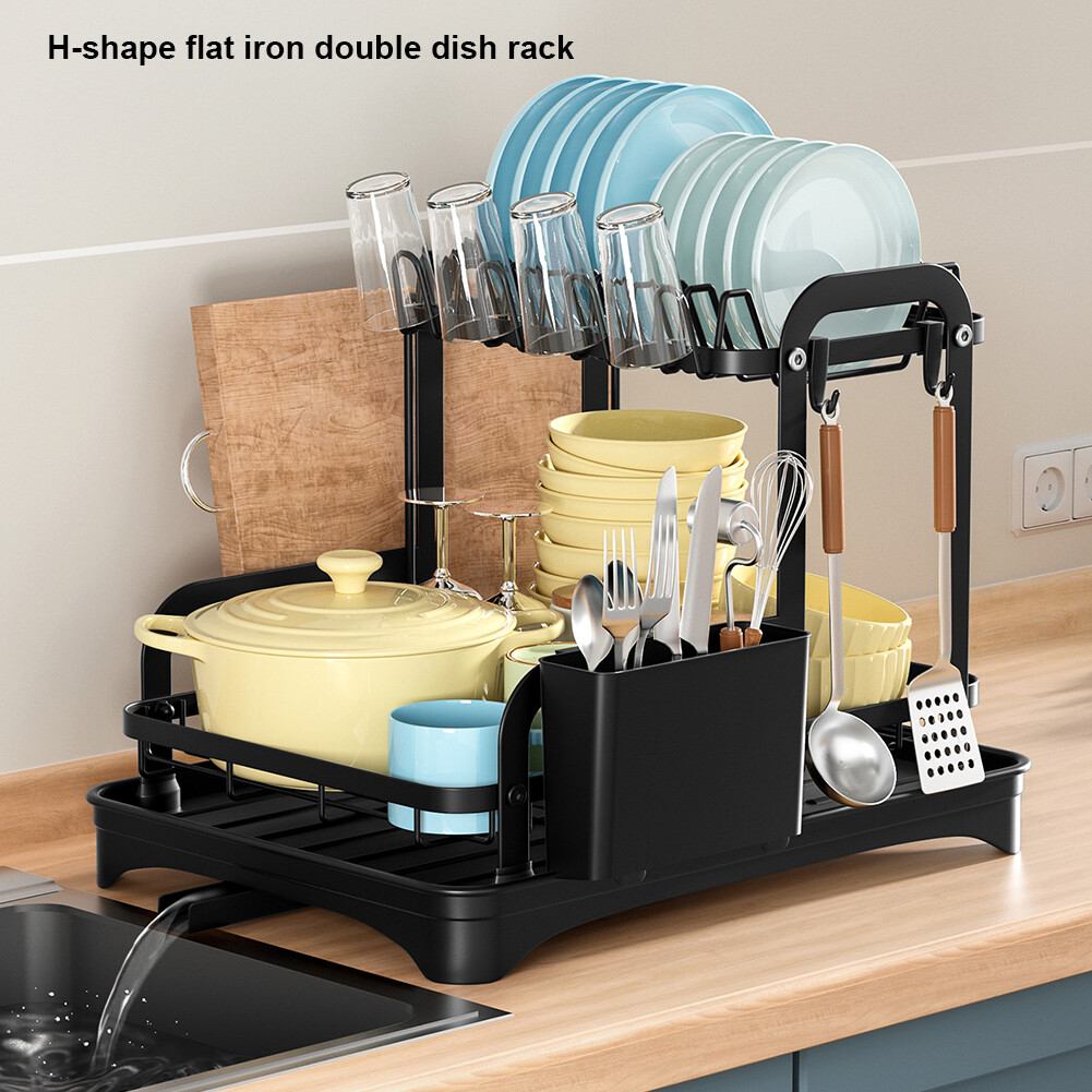 2 Tier Dish Drying Rack 360Degree Retractable Drain Dish Drainer with Drip Tray eBay
