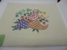 Hand Painted NEEDLEPOINT CANVAS Cornucopia of FLOWERS & FRUIT 13m