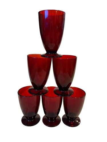 Vintage Ruby Red Depression Glass Tumblers Goblets MCM Footed Glassware Lot of 6