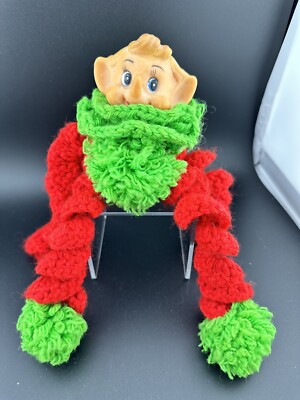 Vintage Handmade Crocheted Christmas Elf Pixie Rubber Face Red Green