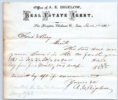 1867 A.E. Bigelow Real Estate Agent Letterhead New Hampton Iowa Chickasaw Co.