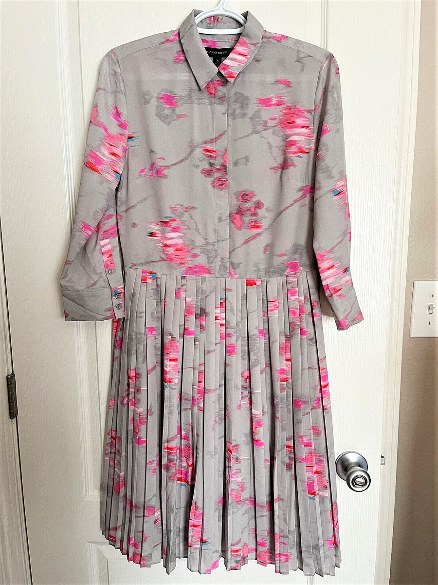 banana republic pleated shirt dress NWT BANANA REPUBLIC Light Grey Pink Silky Pleated Skirt Shirt Dress Sz 4