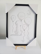 Original dog silhouette with balloons art charcoal and pencil drawing
