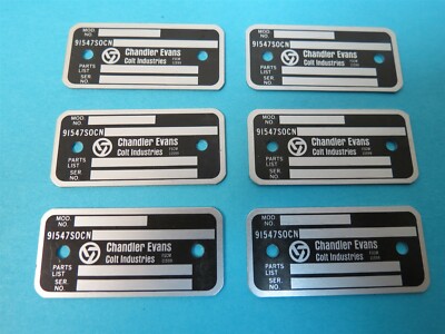 6 each Chandler Evans Data Plates Colt Industries Aircraft Mod. Parts List & S/N