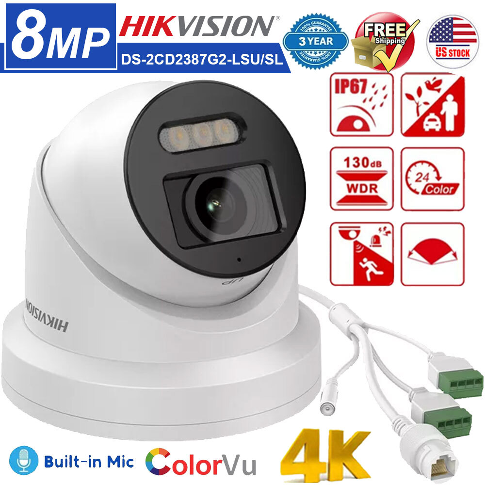 Hikvision 8MP ColorVu Turret IP Camera with Two-Way Audio DS-2CD2387G2-LSU/SL 2.8MM Lens for Enhanced Security and Night Vision