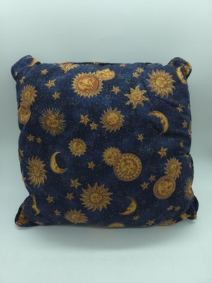 Vintage 90's Celestial Sun Moon Stars Pillow Whimsy Throw Pillow Blue Gold