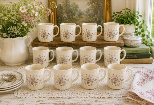 Set of 12 Arcopal France Victoria Floral Opal Glass Coffee Mugs Vintage