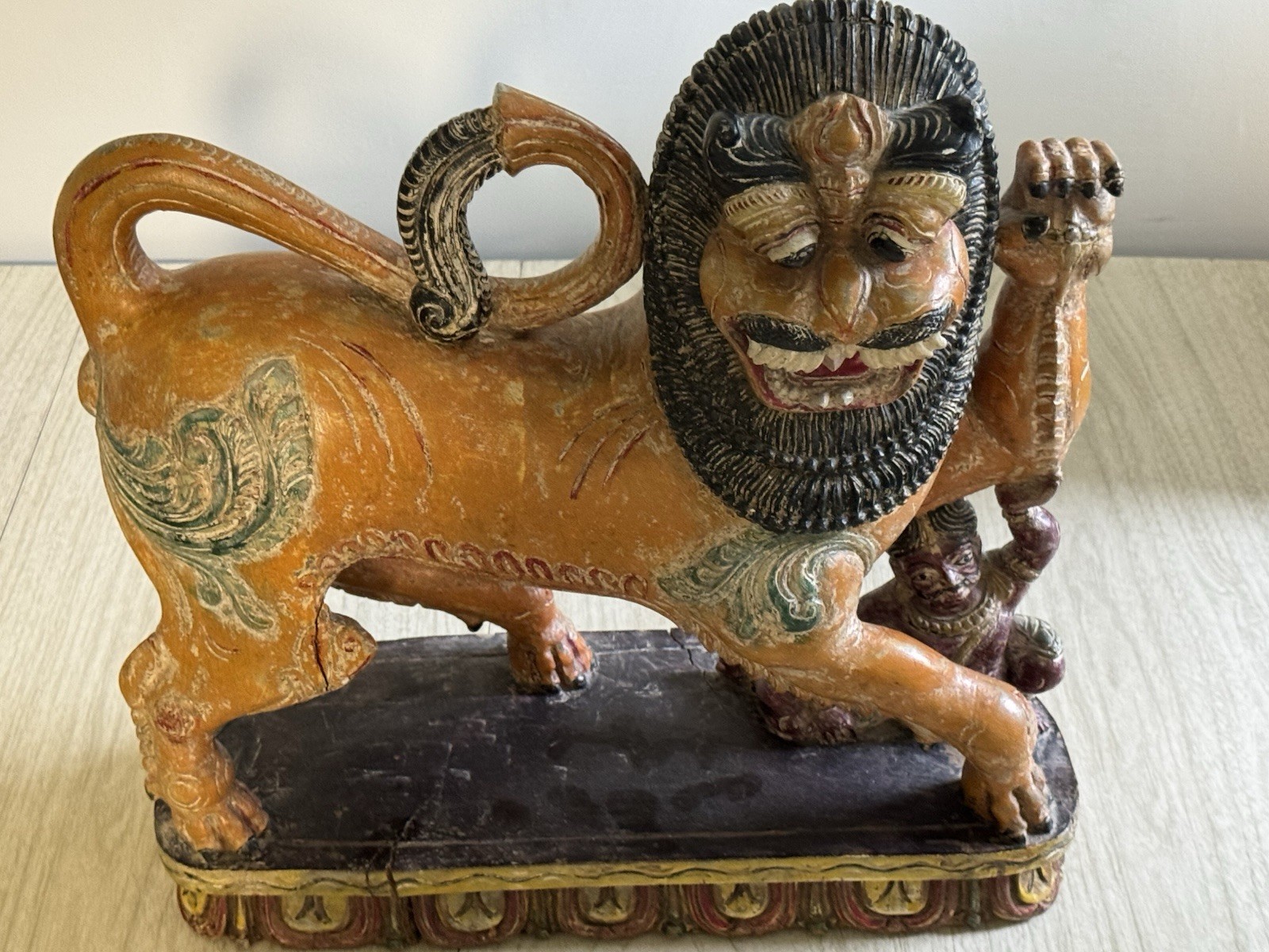 Antique Mythical Lion & Hunter - Hand Carved & Painted India 19th Century Yali