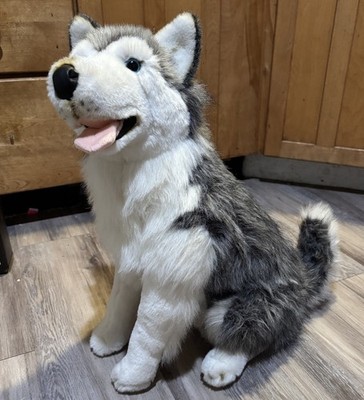 E J Realistic Husky Wolf Large 20  Blue Eyes Furry Sitting Plush Tongue Out HTF