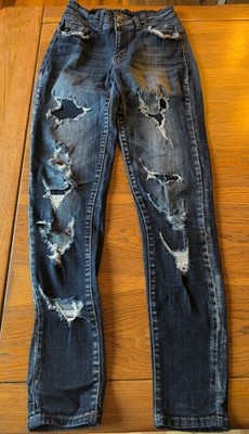 KanCan Women's Blue High Rise Destructed frayed Ankle Skinny Jeans Sz 25/31 EUC