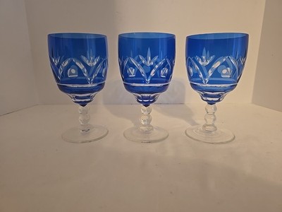 3 Vtg Bohemia Czech Cut to Clear Cobalt Blue Crystal Wine, Water Goblet 5.75''