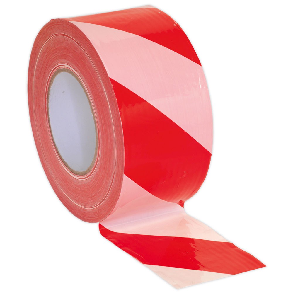 Sealey Hazard Warning Barrier Tape 80mm x 100mtr Red/White Non-Adhesive