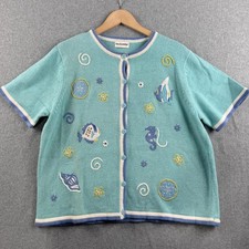 Breckenridge Cardigan Womens XL Blue Sweater Nautical Fish Seahorse Grannycore