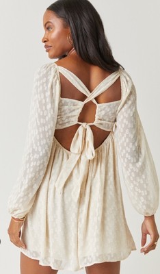 NWT Audrey Parks Francesca s Gianna Ivory Jacquard Dot Back Tie Mini L/S Dress L