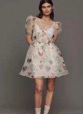 Farm Rio Semi Sheer Puff Sleeve Dress NWT Sz M Hearts
