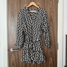 Zara Black White Abstract V Neck Long Sleeve Belt Tie Waist Tiered Mini Dress L