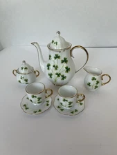 9 Piece PORCELAIN MINIATURE SHAMROCK TEA SET Gold Trim