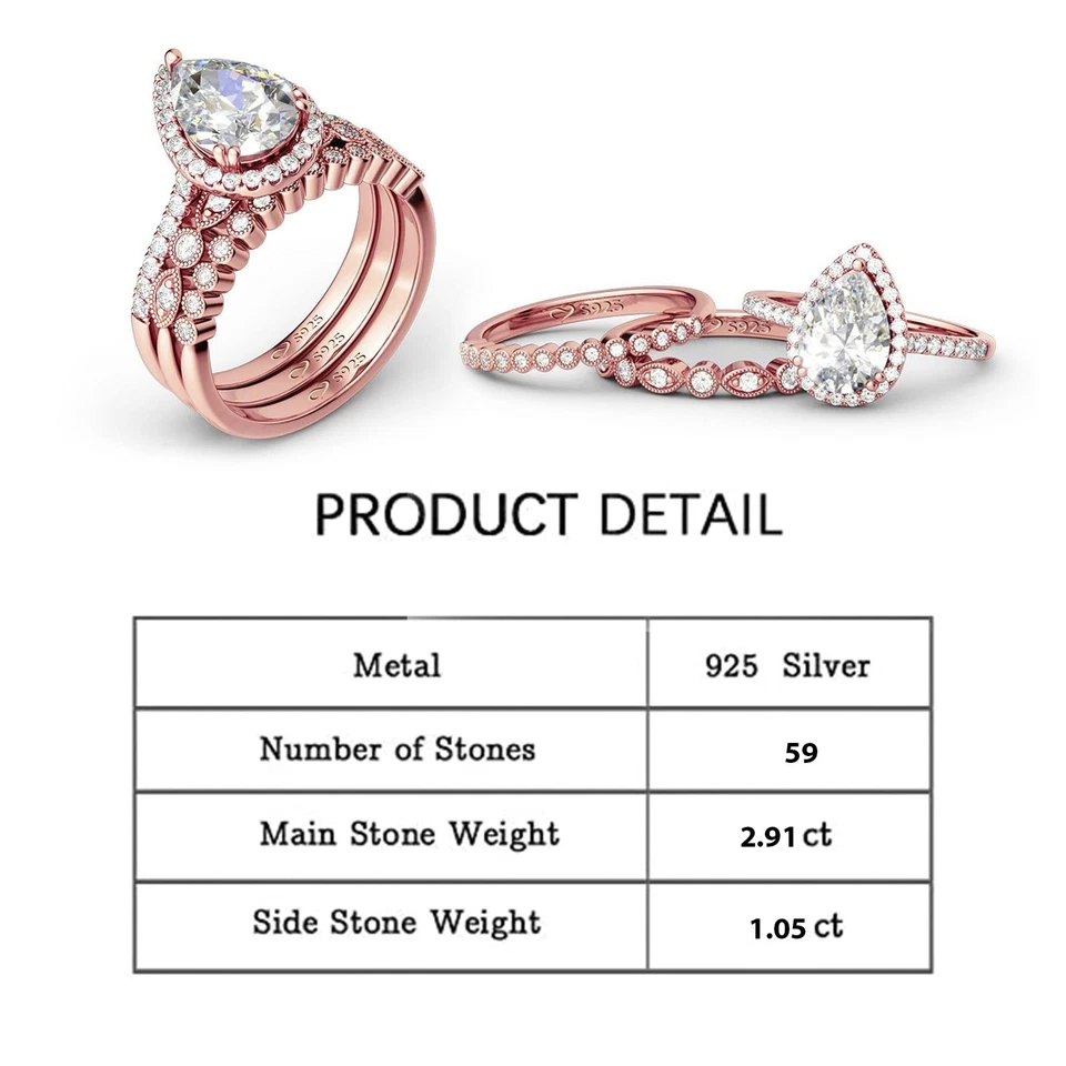 Pear Shaped Wedding Ring Set: 3PC Halo Pear Cut Sterling Silver Diamond Brida... - Изображение 2 из 4