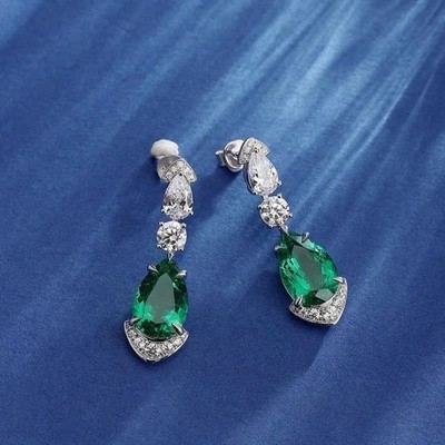 3Ct Pear Cut Lab Created Green Emerald Dangle Earrings in 14K White Gold plated