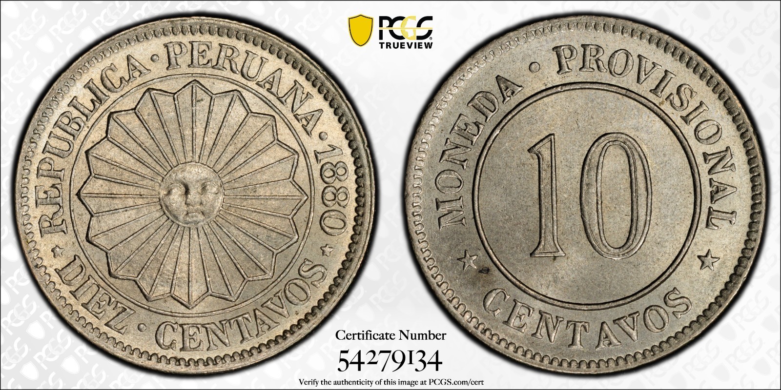 Peru 10 Centavos 1880 PCGS MS 64