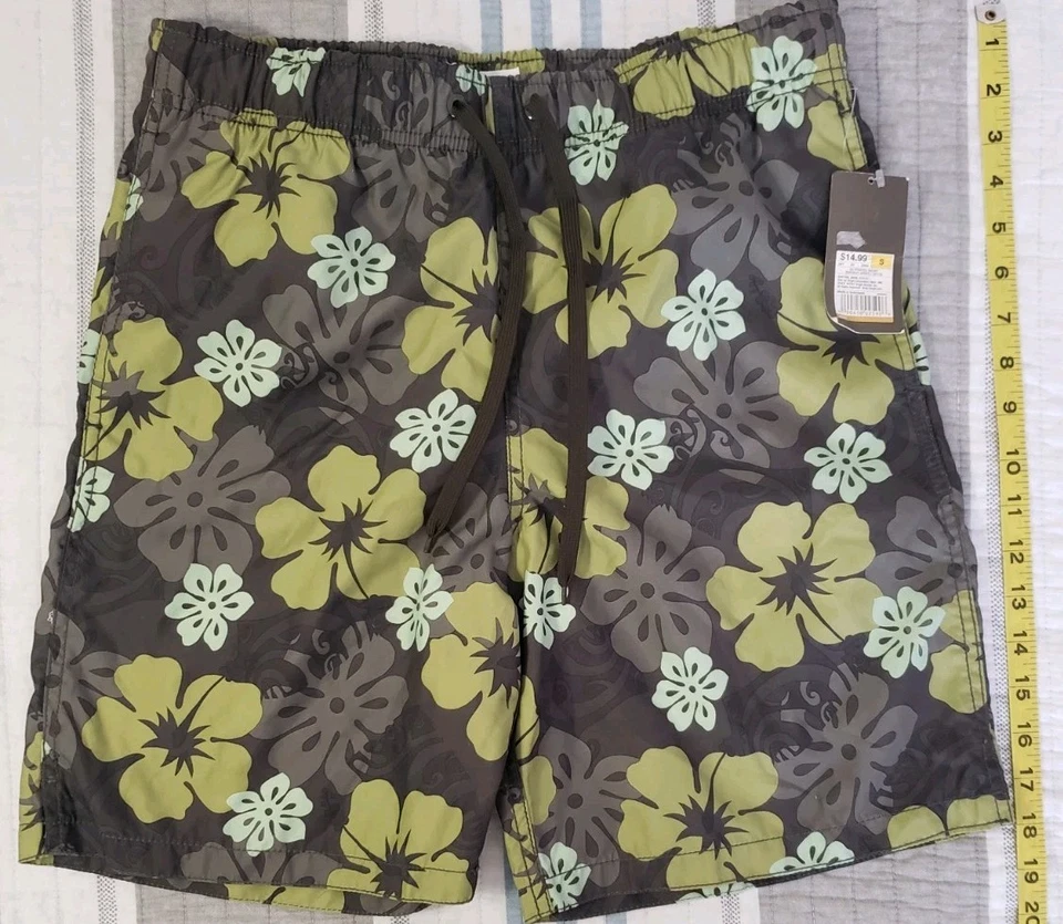 Novo com etiquetas Merona baús de natação masculinos S floral havaiano marrom verde espuma do mar forrado de malha - Imagem 4 de 4