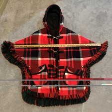 Vintage 70s Red Plaid Wool Blend Reversible Fringe Poncho Cape One Size