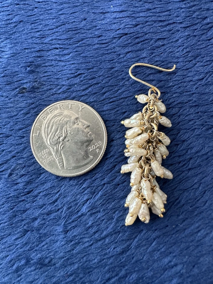 14k Yellow Gold Filled GF Cha Cha Style Pearl Drop Dangle Earrings, 2” Long - Image 2 of 4