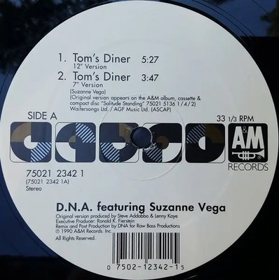 DNA Featuring Suzanne Vega Toms Diner Vinyl Single 12inch A&M Records