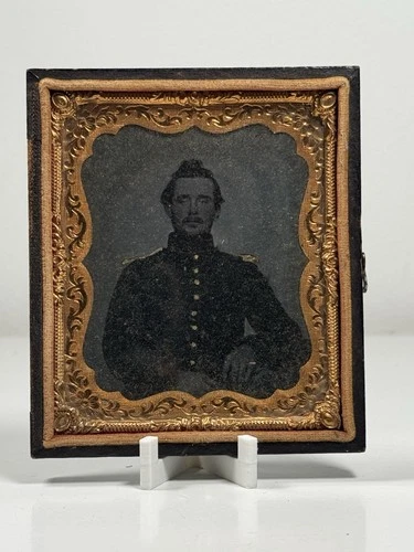 Civil War Era Military Tintype 1/6 Plate Soldier in Dark Uniform, Half Case