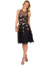 Adrianna Papell Women's Blue Floral Embroidered Beaded Fit  Flare Dress Size 4