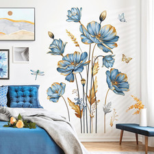 Large Blue Flower Wall Stickers Floral Butterfly Plants Gold Leaves Wall Decals