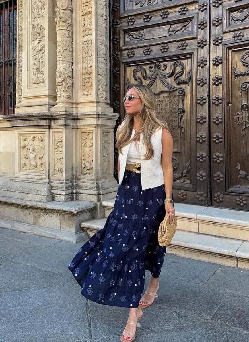 ZARA WOMAN XS COTTON BLUE LONG EMBROIDERED MIRROR SKIRT