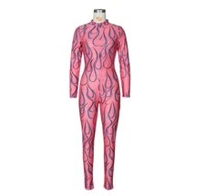 Women Print Zipper Sexy Party O-Neck Club Bodycon Long Sleeve Jumpsuit Romper